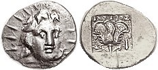 RHODES, Hemidrachm, c.125-88 BC, Helios hd facg sl rt/Rose, ANTAIOS above, club rt, in incuse square; VF+, nrly centered, minor edge crack at rev bott...