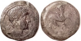 SPAIN, CASTULO, Æ29, 120-20 BC, Diademed head r/ Sphinx r, star; VF/F-VF, centered, fairly smooth olive green patina, sl crudeness at rev peripheries,...