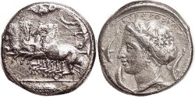 SYRACUSE, Tet, 2nd Democracy, c 415-405 BC, Quadriga l, Nike above, grain ear below/Artemis-Arethusa head left, 3 dolphins around, die signed by Parme...