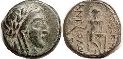 R SYRIA, Antiochos Hierax, 241-228 BC, Æ15, Apollo head r/Apollo with tripod, Nice VF, centered, deep green patina with some earthen hilighting. Actua...
