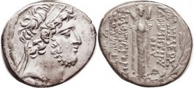 R SYRIA, Demetrios III, 95-88 BC, Bearded head r/ Atargatis cultus statue, Date 219, S7191 (£600); AEF/VF, nrly centered on egg shaped flan, decent me...