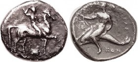 TARENTUM, Nomos, 302 BC, Youth on horse rt, ionic capital below/Phalanthos on dolphin l, hldg serpent, KON below; Vlas.657; VF, good centering on larg...
