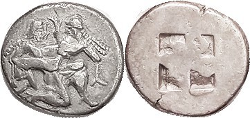 THASOS, Stater, 463-411 BC, ithyphallic Satyr carrying struggling nymph/ 4-part ...