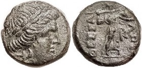 R THESSALIAN LEAGUE, Æ19, 196-146 BC, Apollo head r/Athena stg r, KP monogram, S2237; AEF, nrly centered on a tight flan, chin crowded, good deep gree...