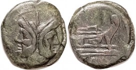 STRUCK, As, Janus head/Prow r, after 211 BC, Cr. 56/2, Sy.143; F-VF, sl off-ctr, dark olive green patina, glossy with only minor roughness, both faces...
