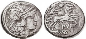 Purpureo, Cr.187/1, Sy.424, Roma head r/Diana in biga r, murex above; F+/F, centered, contrasting tone in recesses, obv detailed & nice, rev has minor...