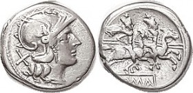 Anonymous, c.157-156 BC, Cr. 198/1, Sy.338, Roma head r/Dioscuri rt; F-VF, nrly centered, good bright metal, much detail. Ex Noble auction as VF. Scar...