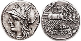 M. Baebius Q.f. Tampilus, Cr.236/1a, Sy.489, 137 BC, Roma head r/Apollo in quadriga; Choice EF, centered (tho Apollo's head off), sharply struck, exce...