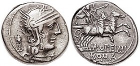 R M. Opeimius, Denarius, Cr. 254/1, Sy.475; Roma head r, tripod behind/Apollo in biga r; VF, nrly centered, good metal with moderate old toning. (A VF...
