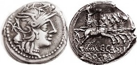 R C. Cassius, Denarius, Cr.266/1, Sy.502, Roma head r, cap behind/ Libertas in quadriga r; VF, centered on sl ragged flan, well struck, good metal wit...