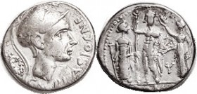 R Cn. Blasio, Denarius, 112-111 BC, 296/1e, Sy.561b, Helmeted head (of Scipio?) rt/Jupiter stg betw Juno & Minerva, unable to choose between them; VF,...