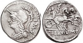 P. Servilius M. f. Rullus, c. 100 BC, Cr.328/1, Sy.601, Minerva bust l./Victory in biga r; VF, well centered on a large flan, slight touch of striking...
