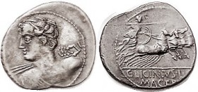 R C. Licinius L.f. Macer, Denarius, 86-84 BC, Cr.354/1, Sy.732, Vejovis bust left, hurling thunderbolt/ Minerva in quadriga rt; VF, sl off-ctr but com...