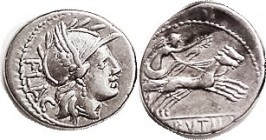 L. Rutilius Flaccus, Cr.387/1, Sy.780a; Roma head r/Victory in biga r; VF, just sl off-ctr, excellent metal with lt tone. (A VF sold for $190, Munz Ze...