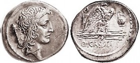 R Q. Cassius, 55 BC, Denarius, Cr. 428/3, Sy.916, Head of Bonus Eventus r, scepter/Eagle on thunderbolt, betw lituus & jug; VF, rev minimally off-ctr,...