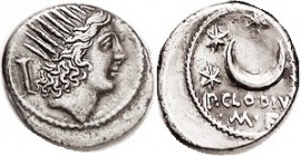 R P. Clodius, Denarius, 42 BC, Cr.494/21, Sy.1115, Head of Sol rt, quiver/crescent & 5 stars; VF, somewhat off-ctr, decent metal with moderate tone, n...