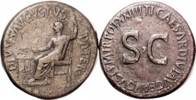 R AUGUSTUS, Sest., Posthumous issue by Tiberius, DIVVS AVGVSTVS PATER, Augustus std l./Lgnd around SC; RIC 49; AVF, full lgnds, warm brown patina with...