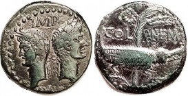 AUGUSTUS & AGRIPPA, As, of Nemausus, Busts back-to-back/crocodile chained to palm; VF/F-VF, sl narrow flan, obv a touch off-ctr; glossy deep green pat...