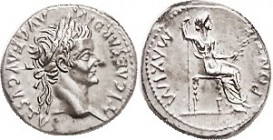 TIBERIUS, Den, PONTIF MAXIM, Livia std r; EF, obv perfectly centered with full clear lgnd, rev minimally off-ctr, good metal quality with lt tone; ins...