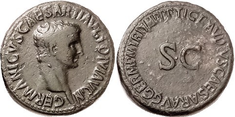 GERMANICUS, As, under Claudius, Bust rt/SC in lgnd; Nice bold F-VF, well centere...