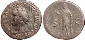 TITUS, As, Bust left/SC, Spes stg l; F-VF/F, a hair off-ctr with full lgnd, decent brownish-green patina with only slightest porosity on rev, nice bol...