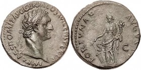 DOMITIAN, As Aug., As, FORTVNAE AVGVSTI, Fortuna stg l; AEF/VF, sl off-ctr crowding some of lgnds at rt, dark greenish-brown patina, excellent portrai...