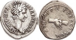 NERVA, Den, CONCORDIA EXERCITVVM, Clasped hands; Strong VF+/VF, minimally off-ctr but full lgnds (with minor rev wkness), good silver with lt tone, po...