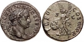 R TRAJAN, As, TR POT COS IIII PP, Victory adv l, hldg shield inscribed SPQR ("Silly Poopy Queer Romans"); EF/VF, obv centered sl low, rev well centere...
