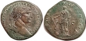R TRAJAN, Sest, SPQR OPTIMO PRINCIPI, Fortuna stg l; AEF, nrly centered on sl unround flan, rev lgnd partly wk/off; brown patina with blushes of green...