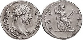 HADRIAN, Den, COS III, Roma std r, w/parazonium & spear, RIC 332; Choice EF/VF-EF, minimally off-ctr with full lgnds, excellent metal with nice toning...