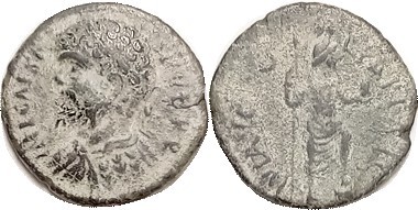 SEPTIMIUS SEVERUS, Pisidia, Antiochia, Æ23, Bust left seen from back/Men stg r; ...