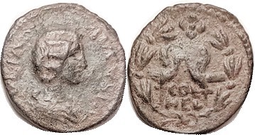 R JULIA DOMNA, Coele-Syria, Heliopolis, Æ23, COL HEL betw legionary eagles, with...