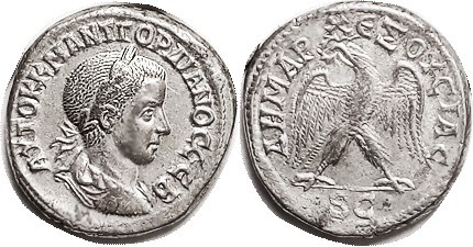 GORDIAN III, Antioch, Tet, Eagle facg, hd l, SC below; VF/F+, centered, bright s...