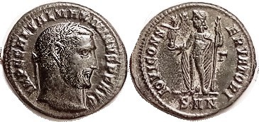 MAXIMINUS II, As Aug., Follis, IOVI CONSERVATORI, Jupiter stg l, hldg Victory, G...