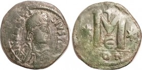 ANASTASIUS I, Follis, S19, Offic. E, F or better, large 35 mm flan, areas of wkness but portrait quite bold, good darkish green patina. (A F brought $...