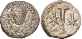 JUSTINIAN I, 10 Nummia, S-308, Rome, Facg bust/ Large I betw stars in wreath; F/VF, green patina, a little crude, much obv lgnd wk/off. Scarce. Ex Eur...