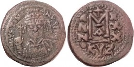 JUSTINIAN I, Follis, S207, Facg bust/KYZ-XXXI-A; AVF, centered, brown patina with minimal granularity, everything clear with bug-eyed face. (A F+/VF b...