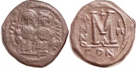 JUSTIN II, Follis, S360, CON-III-A, F-VF, brown patina, minimally grainy, somewhat crude, but figures do show a reasonable amount of detail, rev fairl...