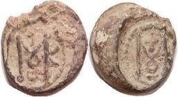 LEAD SEAL, c. 7th cent., 20 mm, very thick, Large M monogram in circle each side; F-VF, somewhat off-ctr, grey patina with earthen hilighting, monogra...