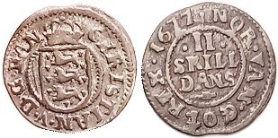 DENMARK, 2 Skillings 1677, 19 mm, crowned shield/lgnds, F, good metal, deeply to...