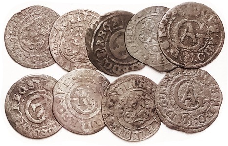 ELBING, Billon Solidus, 17 mm, 1630-34, lot of 9 pcs, avg crude G or so, all wit...