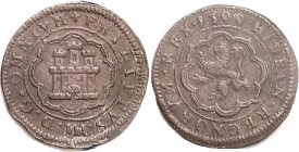 Philip III, Æ 8 Maravedis, 1599, Segovia, Lion in tressure/castle in tressure, 28 mm; VF, medium brown, minor porosity, everything clear incl date. (A...