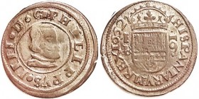 Philip IV, Æ 8 Maravedis, 1662, Bust r/crowned shields, 26 mm, Nice F+, well struck, good surfaces with golden brassy tone. Burgos. (A VF (diff mint) ...