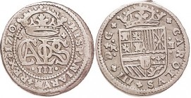 2 Reales, 1710, Carlos III, Pretender, crowned monogram/crowned shield, Barcelona, 27 mm, nice F, good metal, well struck, ltly toned. (A Bold F, same...