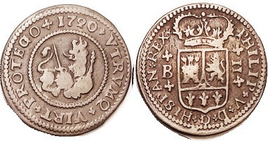 2 Maravedis, 1720, type as last, Barcelona, Very nice F, medium brown, well stru...