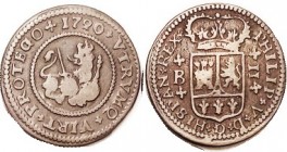 2 Maravedis, 1720, type as last, Barcelona, Very nice F, medium brown, well struck, bold, problem-free.
