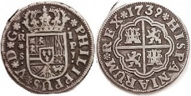 Real, 1739, Seville, Lions & castles/arms, AVF, strongly 2-toned metal, very bold & nice.