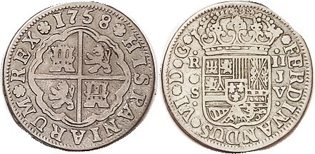 2 Reales, 1758, Seville, Lions & castles/arms, F-VF, good bright silver, bold & ...