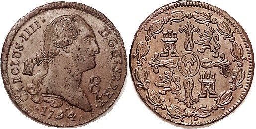 8 Maravedis, 1794 Segovia, VF, actually almost as struck, glossy chocolate brown...