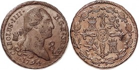 8 Maravedis, 1794 Segovia, VF, actually almost as struck, glossy chocolate brown, some lt porosity on cheek & neck that was in the planchet before str...